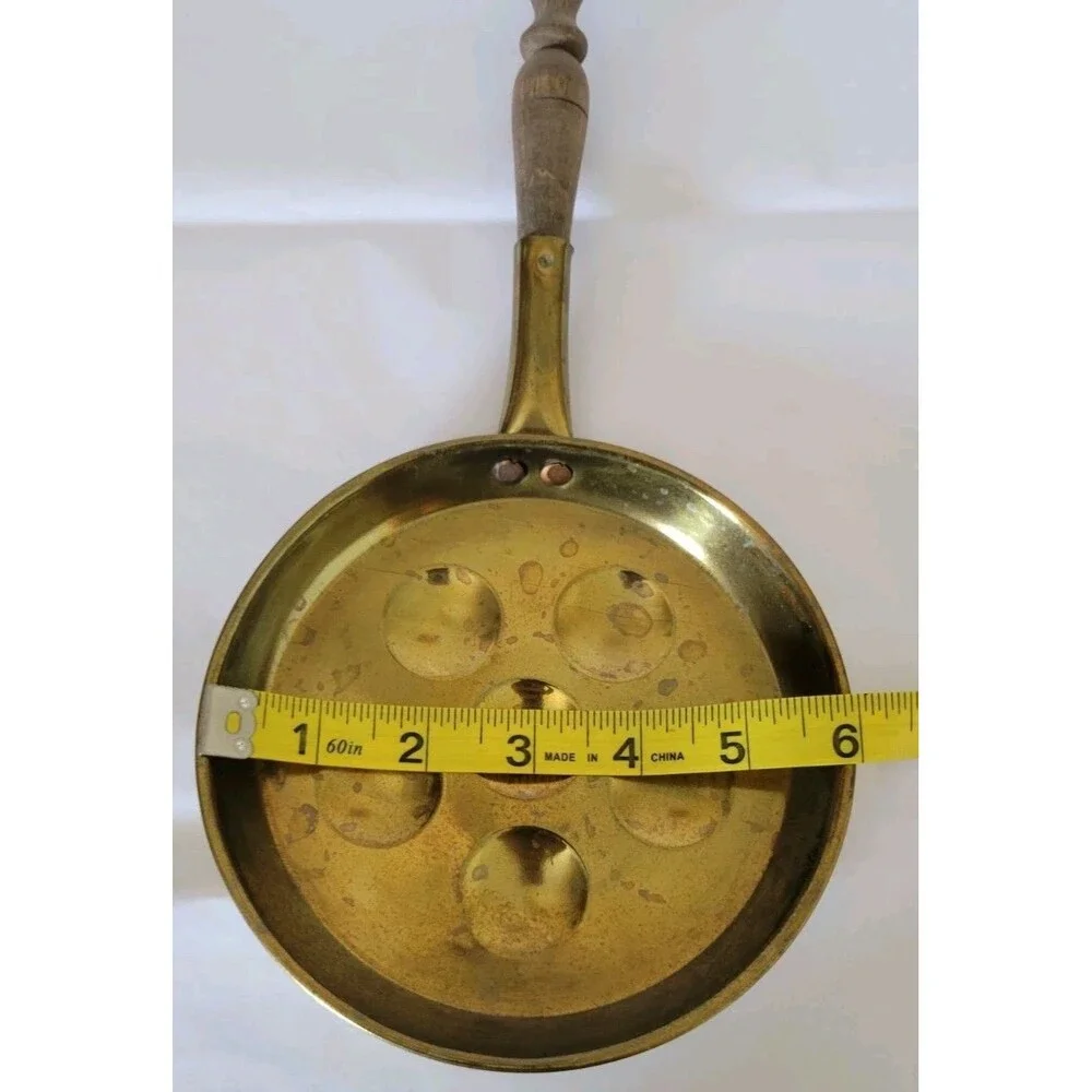 Vtg. 6” Copper Escargot Egg Poaching Pan With Wood Handle Patina Decor